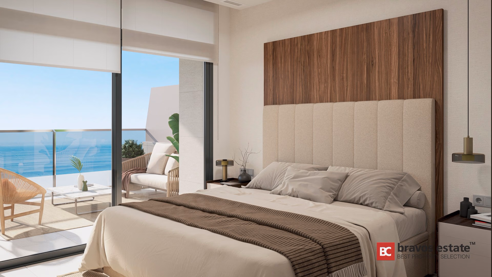 Renderizado del dormitorio en TM Tower con cabecero tapizado en lino y panel de madera de nogal, terraza con vistas al mar en Playa de Poniente