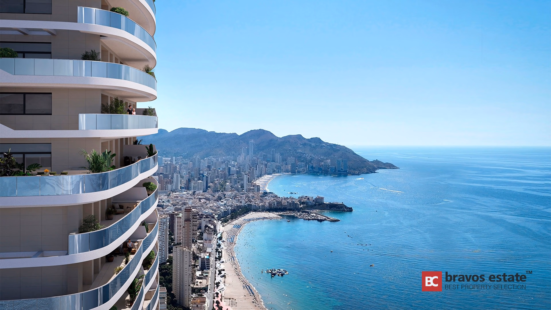 Render de TM Tower con balcones curvos acristalados y vistas panorámicas a la Playa de Poniente de Benidorm