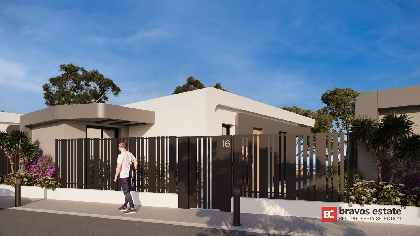 CGI render of Bonalba Green Villas exterior showing a flat-roof villa with dark slatted gate, number 16, landscaped front garden, and a person walking past.