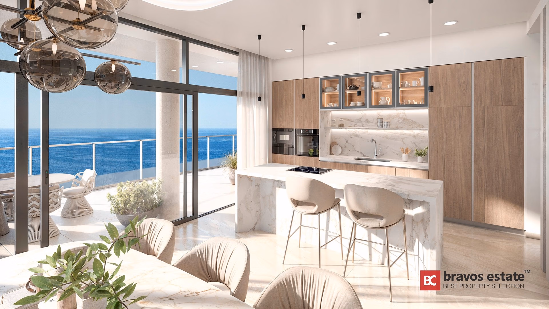 Render de cocina en TM Tower con isla de mármol, armarios en madera y amplia vista al mar desde Playa de Poniente