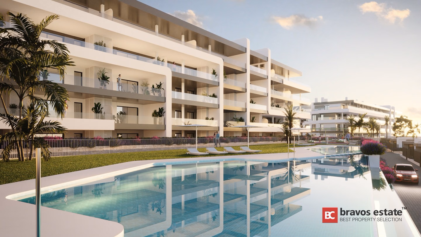 CGI render of Bonalba Green apartments at Bonalba Golf Resort showing white multi-storey residential blocks with terraces, palm trees, lawn, and a foreground communal pool at dusk.