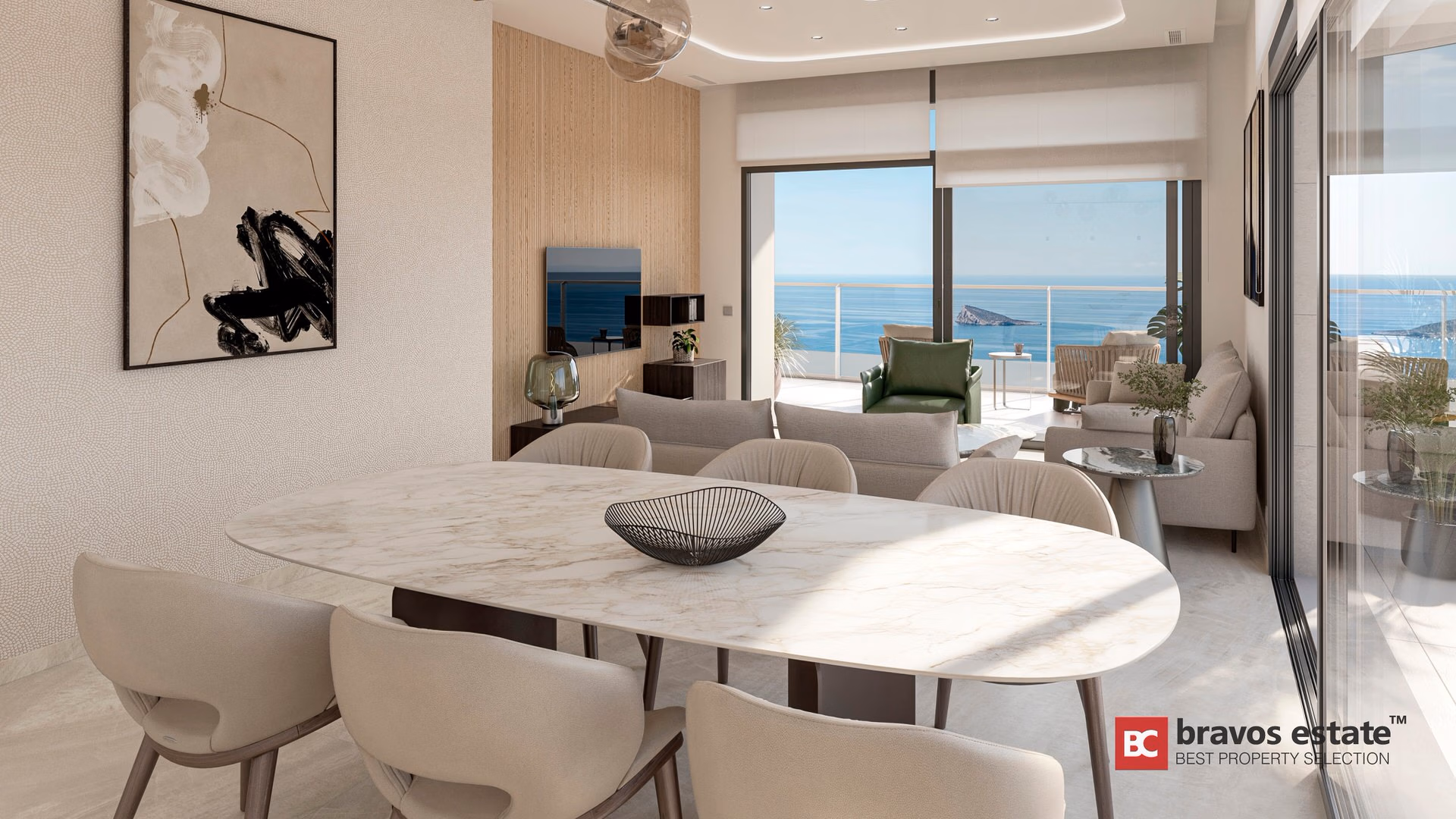 Render del salón comedor de TM Tower con mesa oval de mármol y amplias vistas al mar desde Playa de Poniente