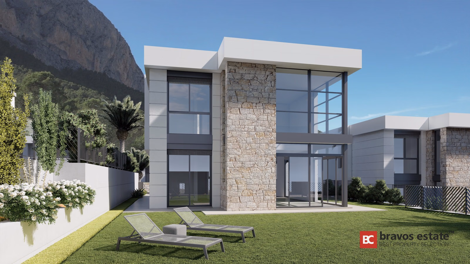 Two-storey villa with stone-clad facade and full-height glazing