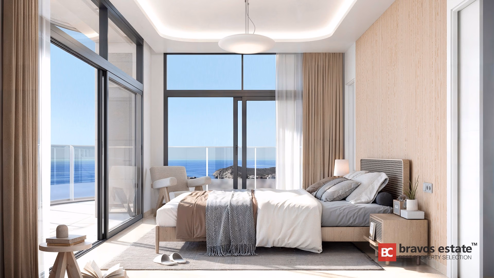 Dormitorio renderizado en TM Tower con ventanales de suelo a techo y vistas al mar desde Playa de Poniente