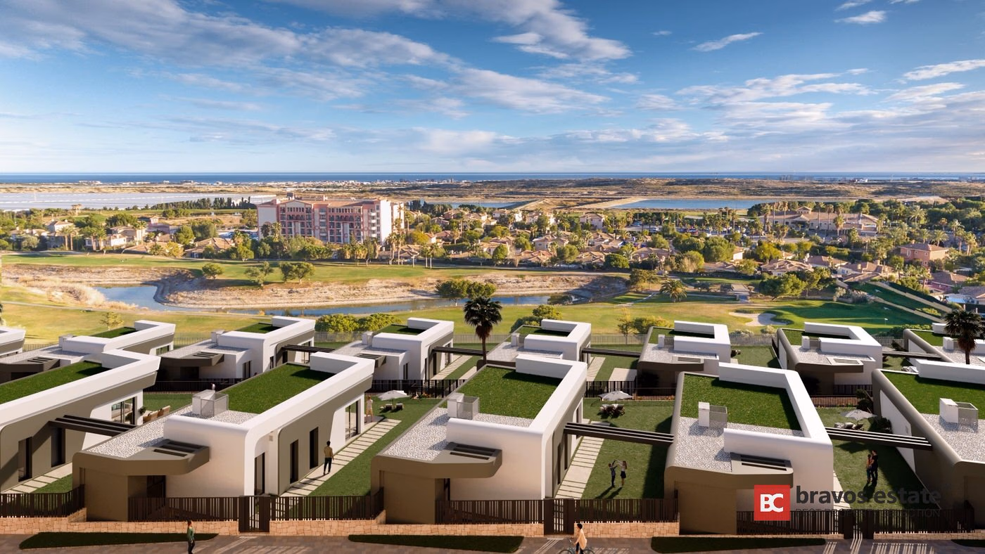CGI render of Bonalba Green low-rise white apartment blocks with private gardens overlooking Bonalba Golf Resort's fairways, a lake, and the Mediterranean coastline beyond.