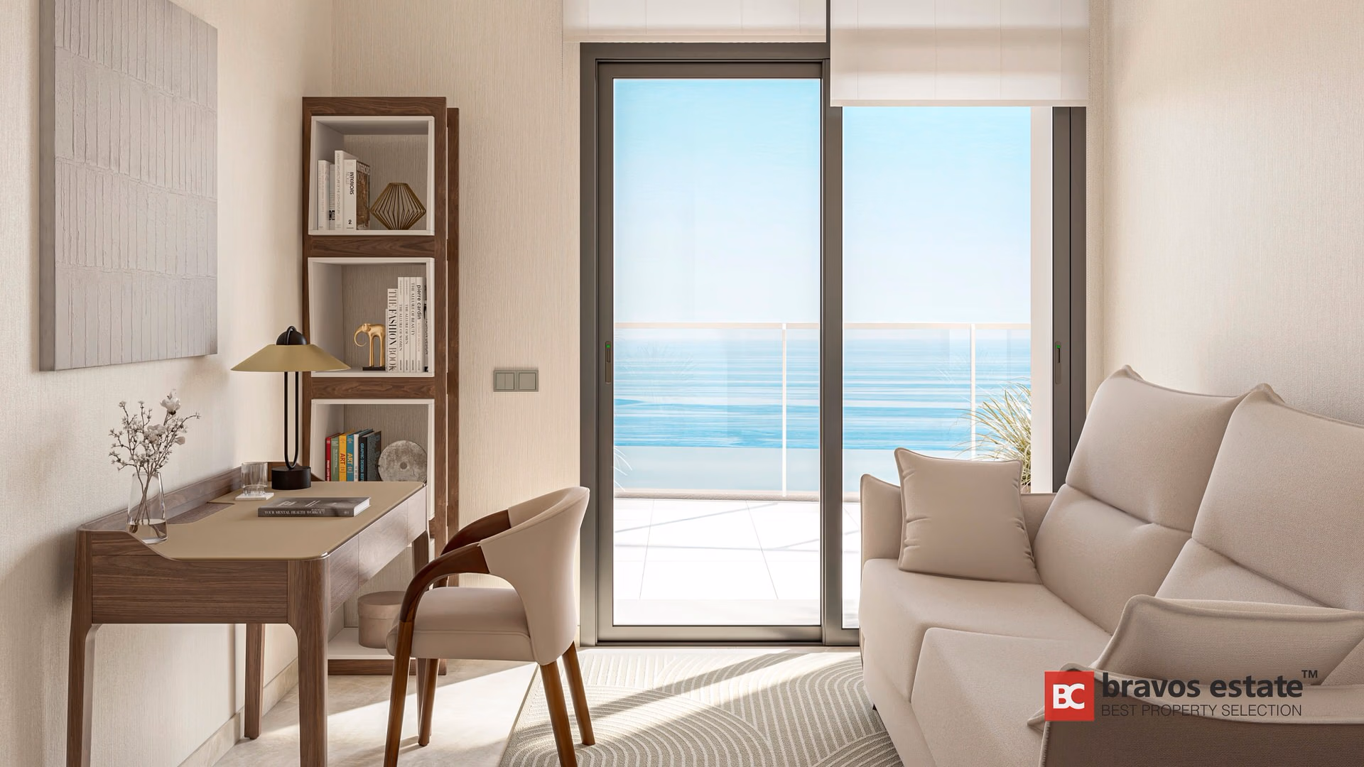 Render de apartamento TM Tower en Playa de Poniente con escritorio de nogal, estantería abierta y puerta balconera al mar