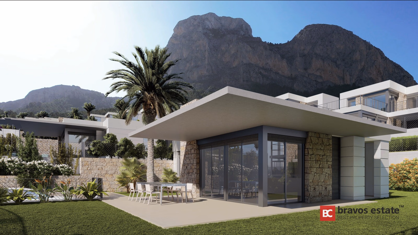 Single-level villa with covered terrace and mountain backdrop