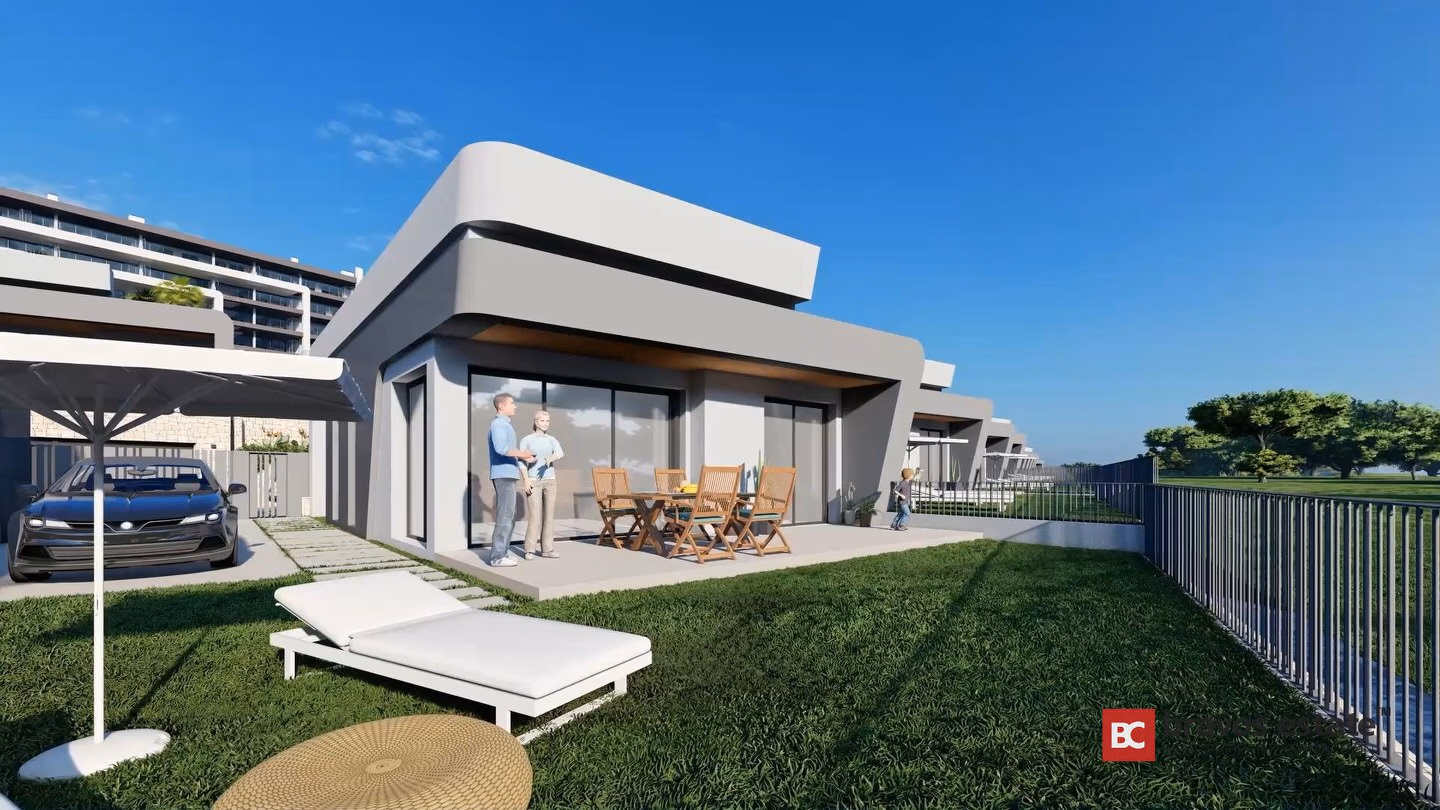 CGI render of a Bonalba Green Villas detached villa showing a flat-roof exterior, glazed sliding doors, terrace with wooden dining set, sunlounger on lawn, and covered parking within Bonalba Golf Resort.