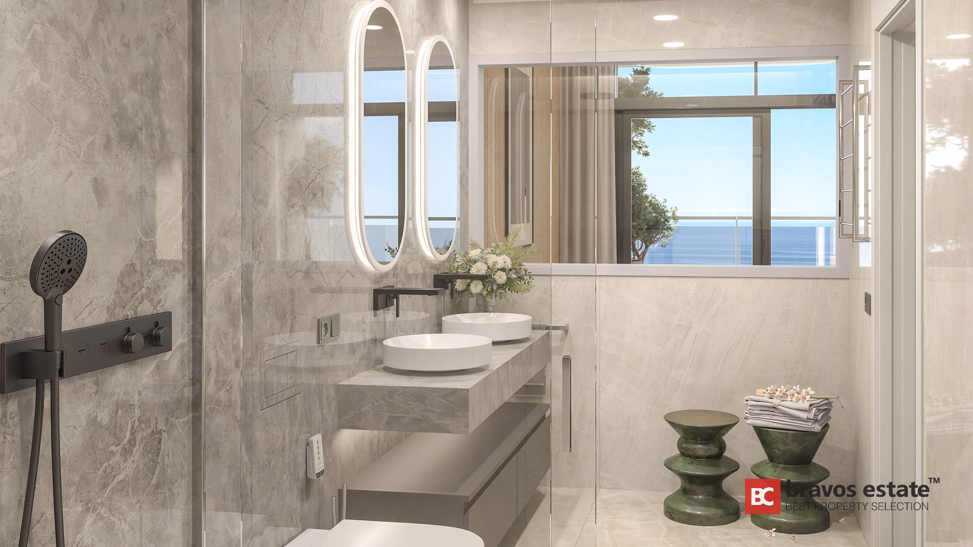 Baño renderizado de TM Tower con revestimiento de mármol gris, espejos ovalados retroiluminados y griferías negras mate