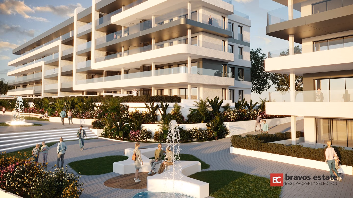CGI render of Bonalba Green apartment blocks with glass-balcony facades surrounding a landscaped courtyard featuring a central fountain, terraced gardens, and tropical planting.