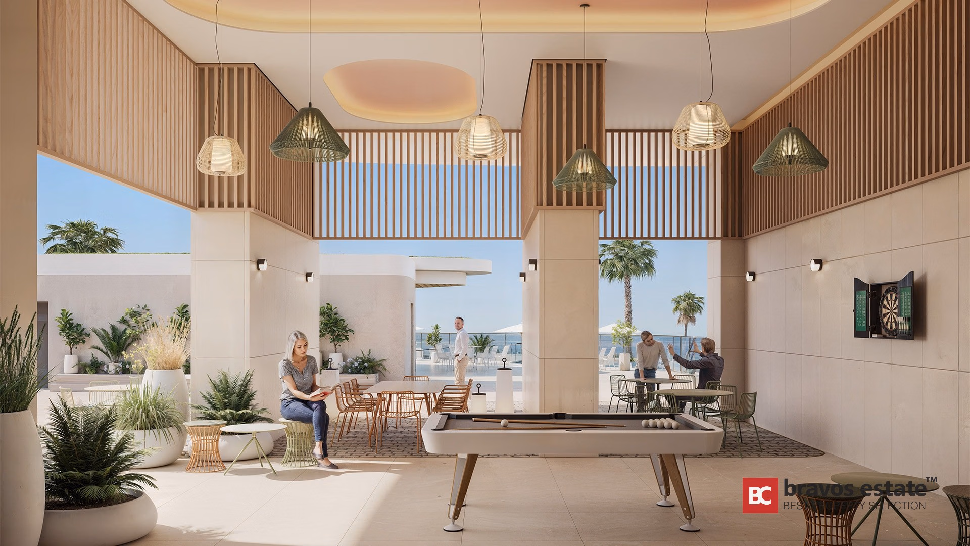 Render CGI del salón comunitario de TM Tower en Playa de Poniente con mesa de billar, lámparas de ratán y vistas al mar