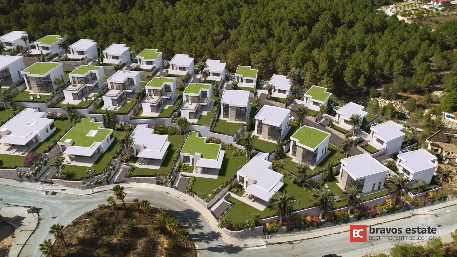 Aerial render of the 65 villas on the slope above Polop
