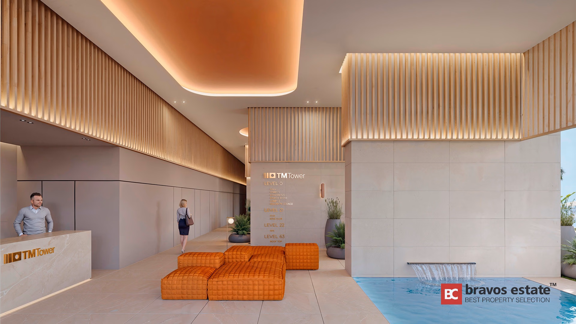 Render del vestíbulo de TM Tower en Playa de Poniente con asientos modulares naranjas, listones de madera y lámina de agua