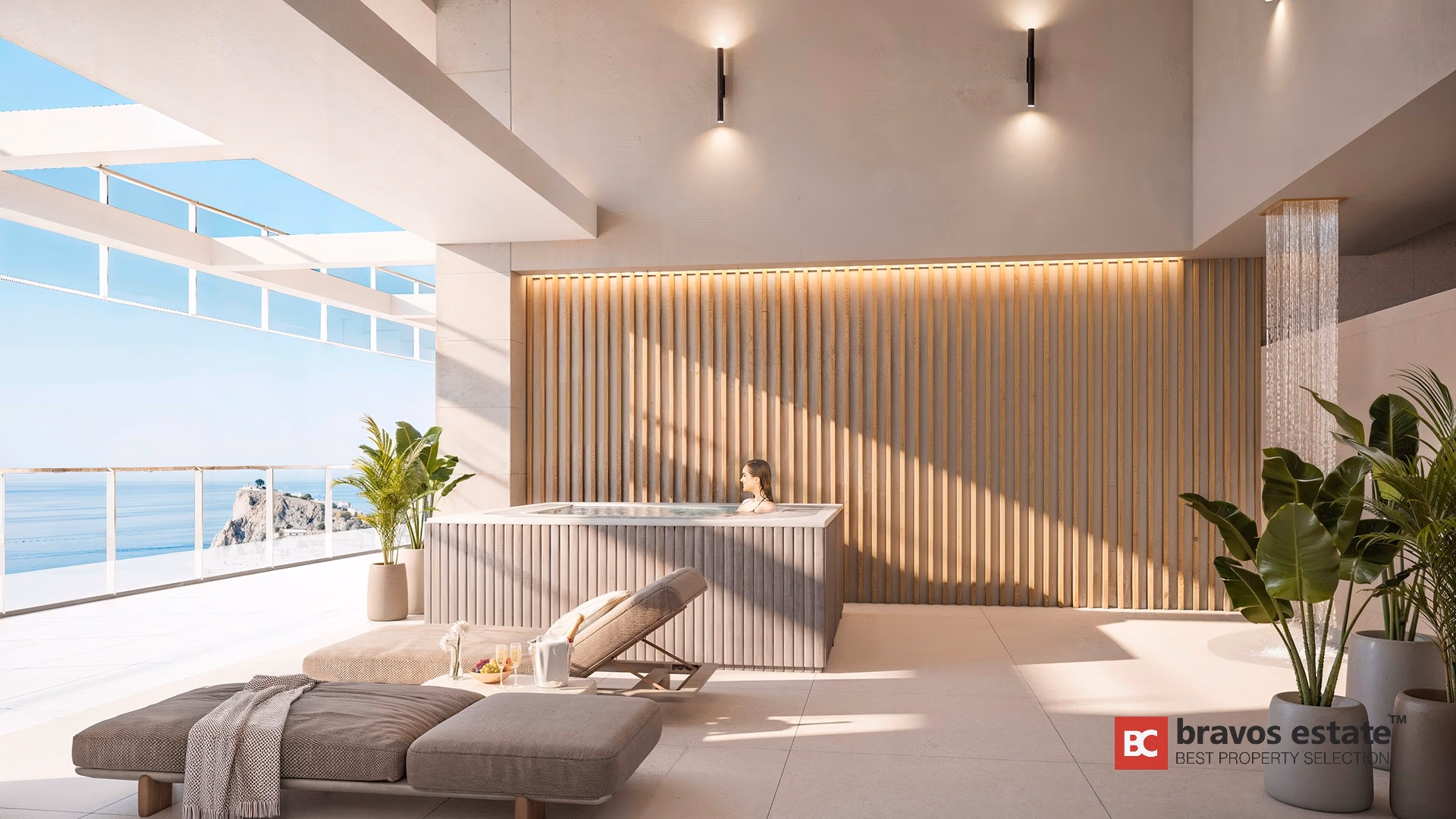 Render CGI de terraza spa en TM Tower Playa de Poniente con jacuzzi acanalado, pared de lamas de madera retroiluminada y vistas al mar