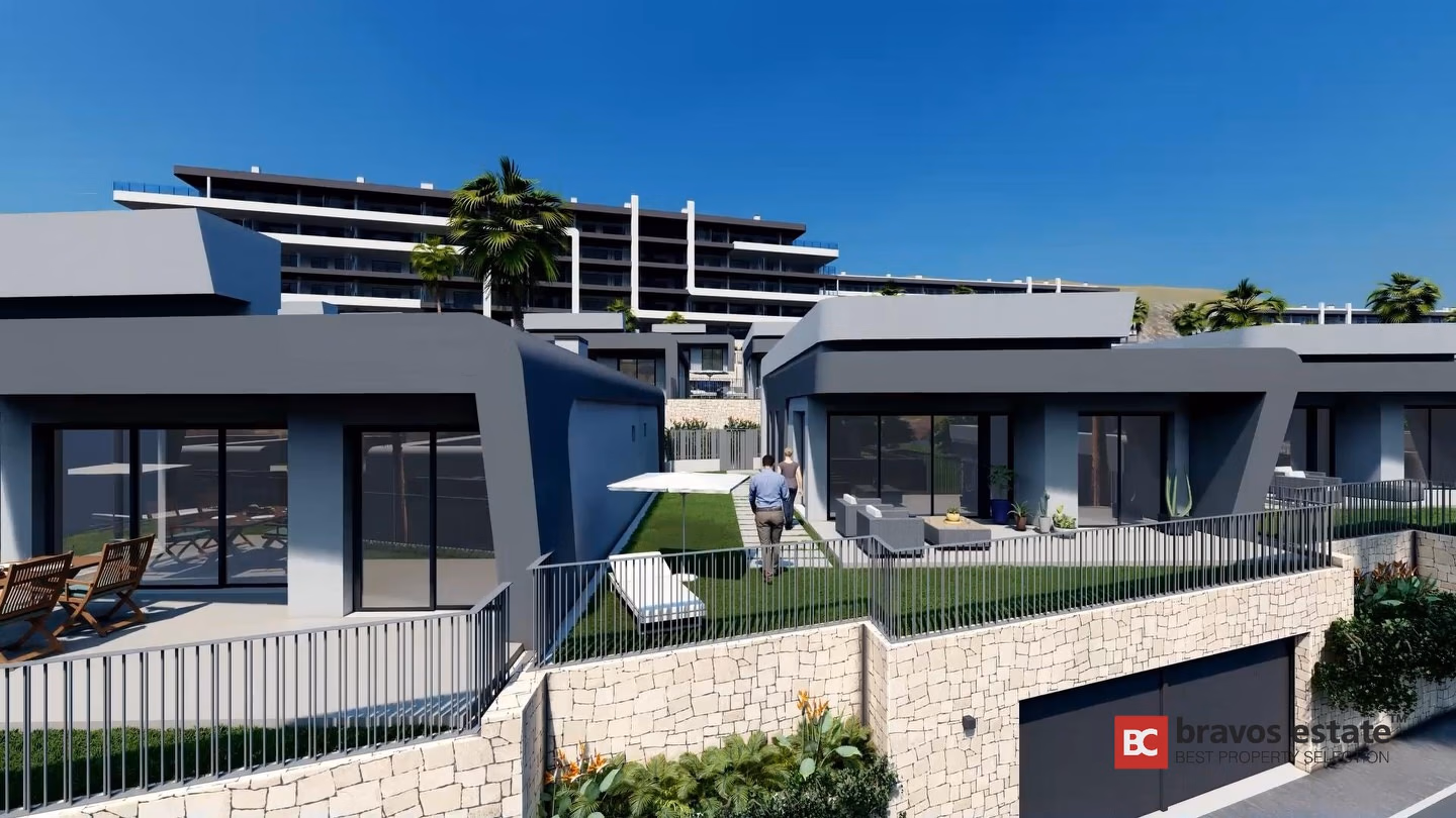 CGI render of Bonalba Green Villas showing a row of modern flat-roof detached villas with private gardens, pools, and the Bonalba Golf Resort hotel building visible in the background.