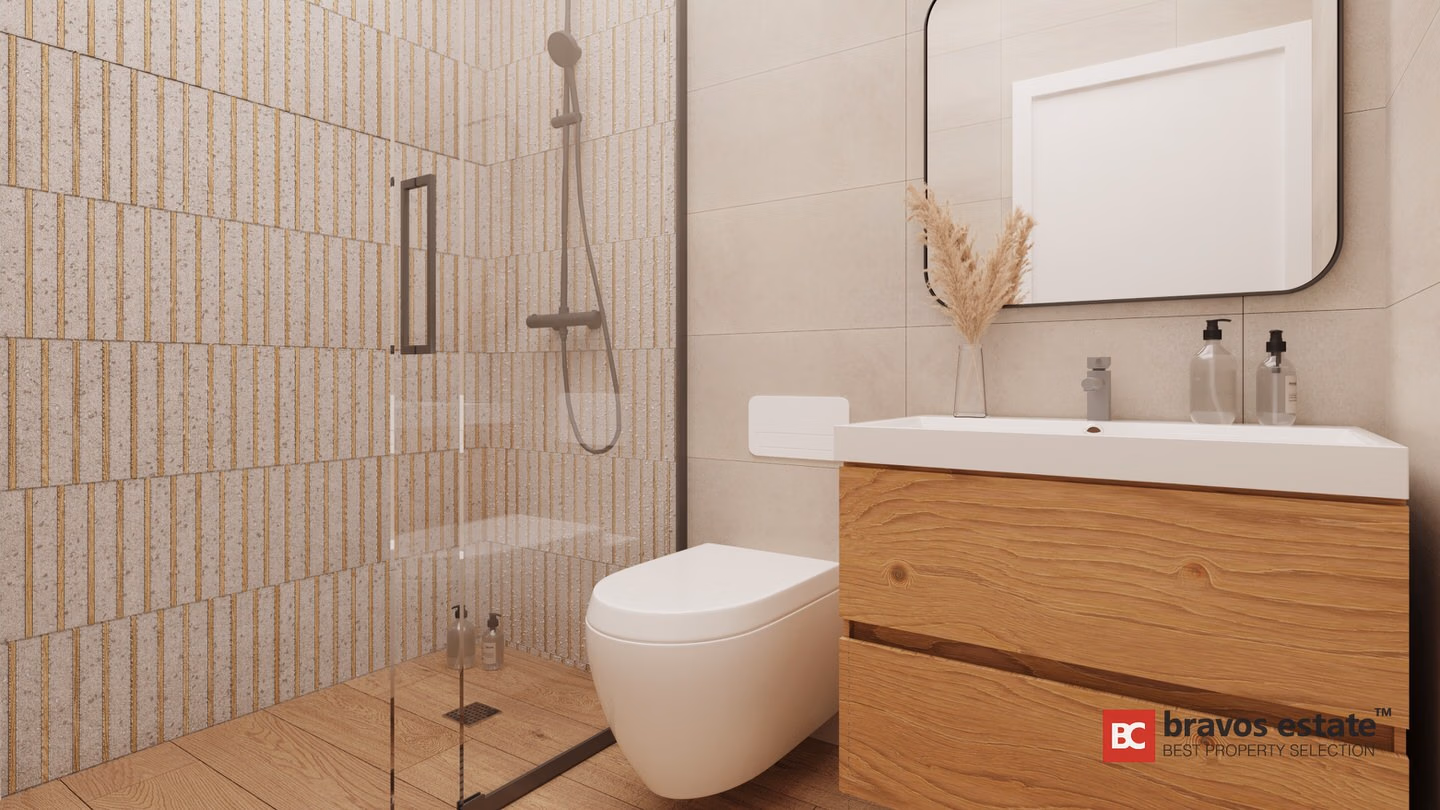 CGI render of a Bonalba Green apartment bathroom with glass walk-in shower, patterned tiles, wall-hung toilet, and floating oak vanity unit with large mirror.
