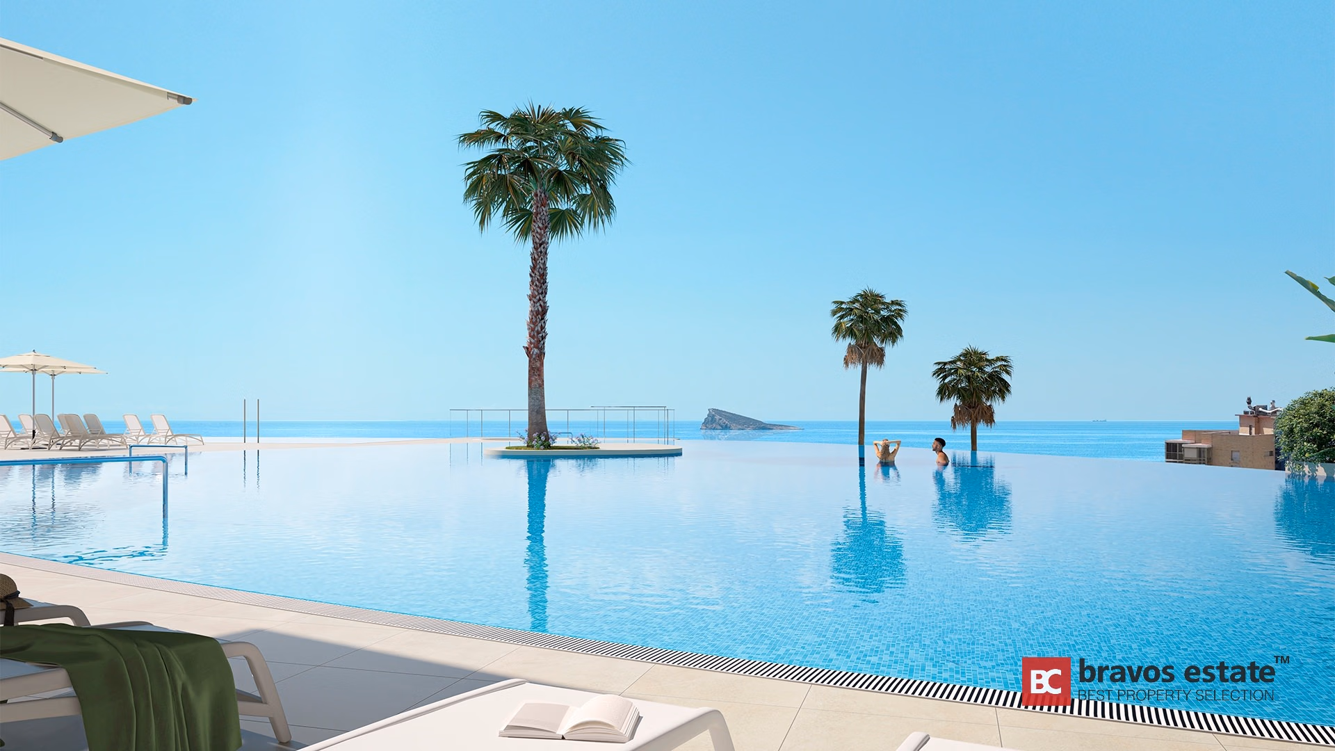 Render CGI de la piscina infinita de TM Tower en Playa de Poniente con palmeras y vistas a las islas de Benidorm