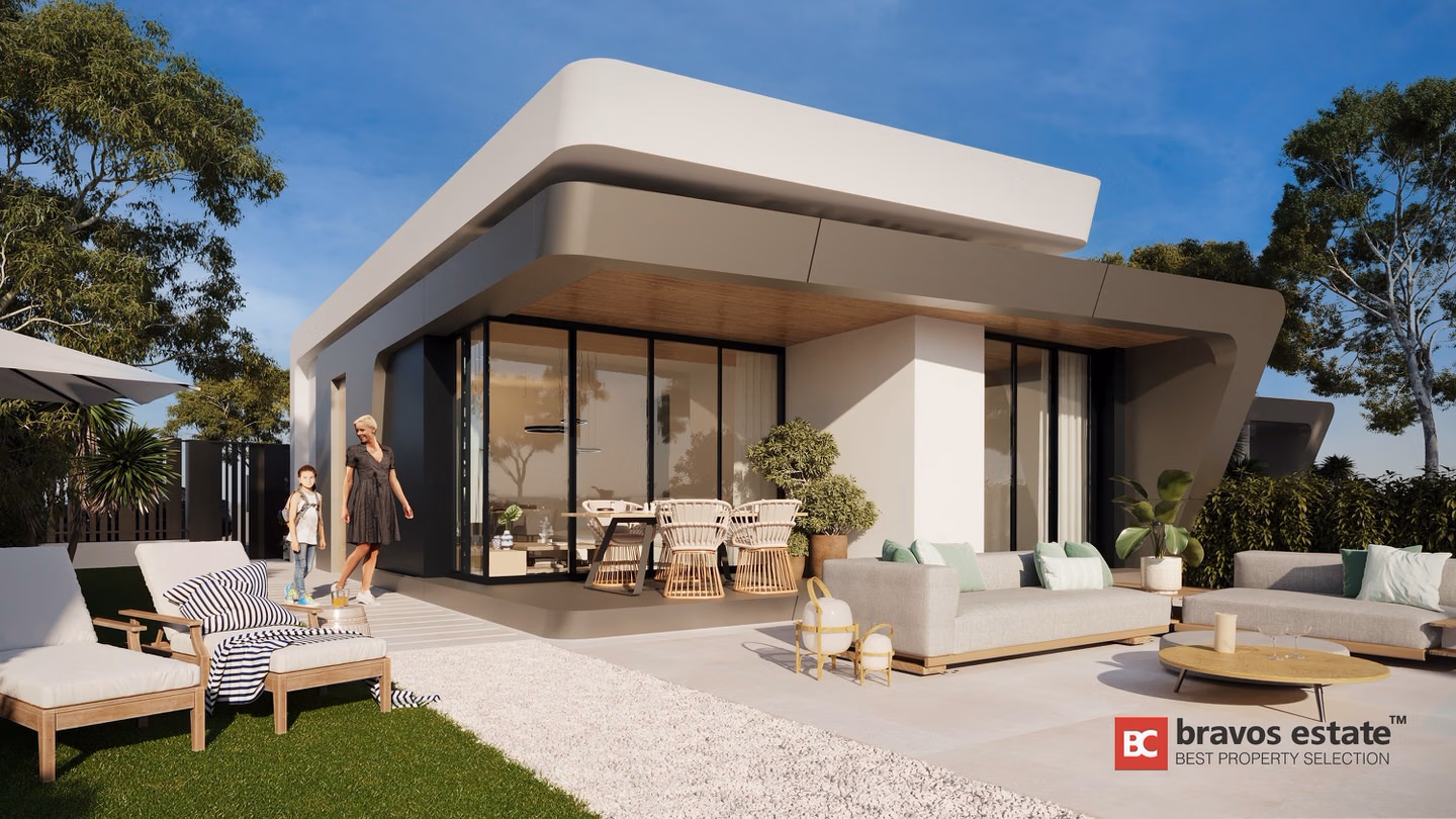 CGI render of a Bonalba Green Villas detached villa showing a flat-roof modern exterior with floor-to-ceiling glazing, covered terrace, outdoor lounge furniture, and landscaped garden.