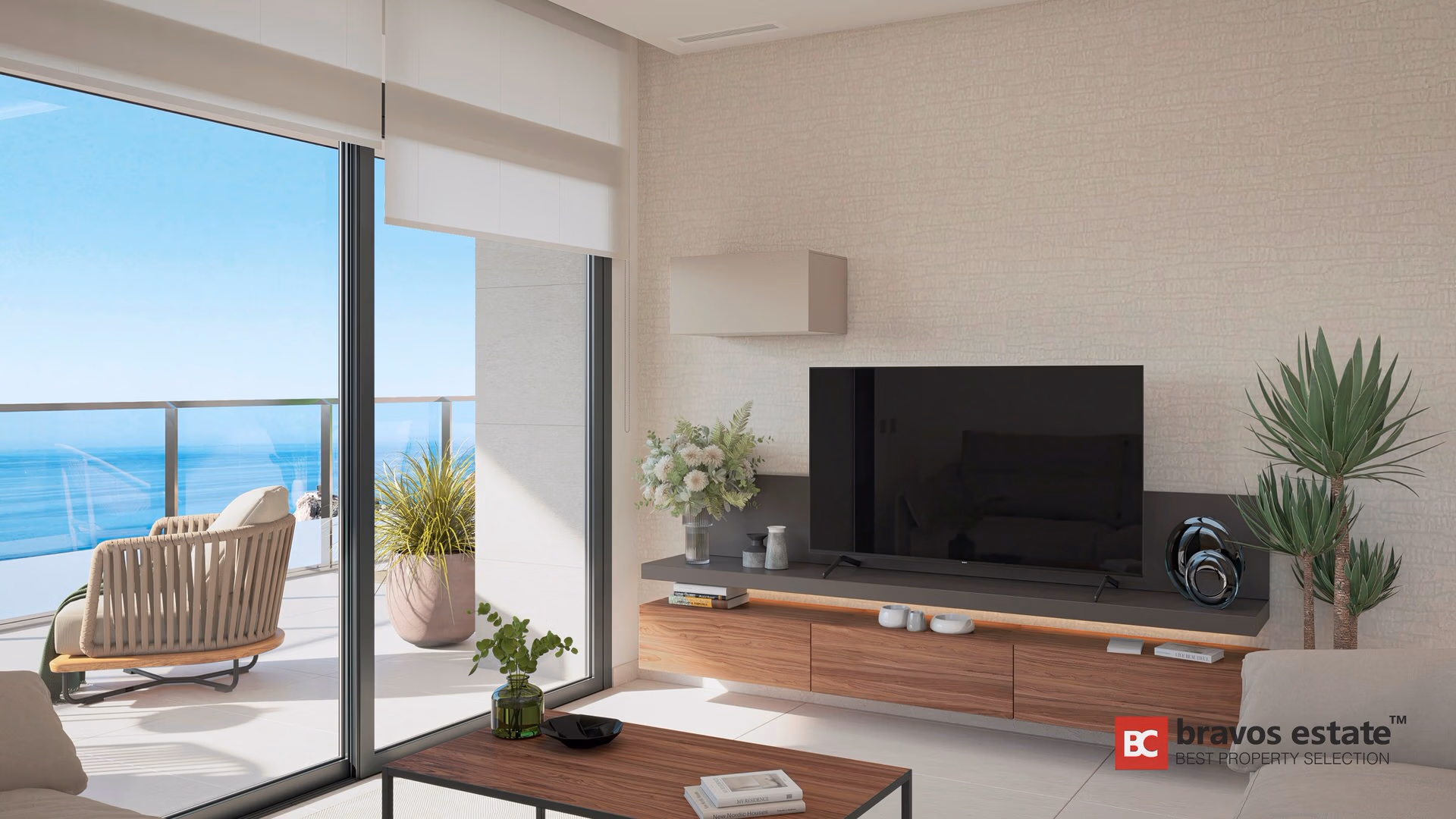 Render del salón de TM Tower en Playa de Poniente con mueble TV en madera nogal y vistas frontales al mar