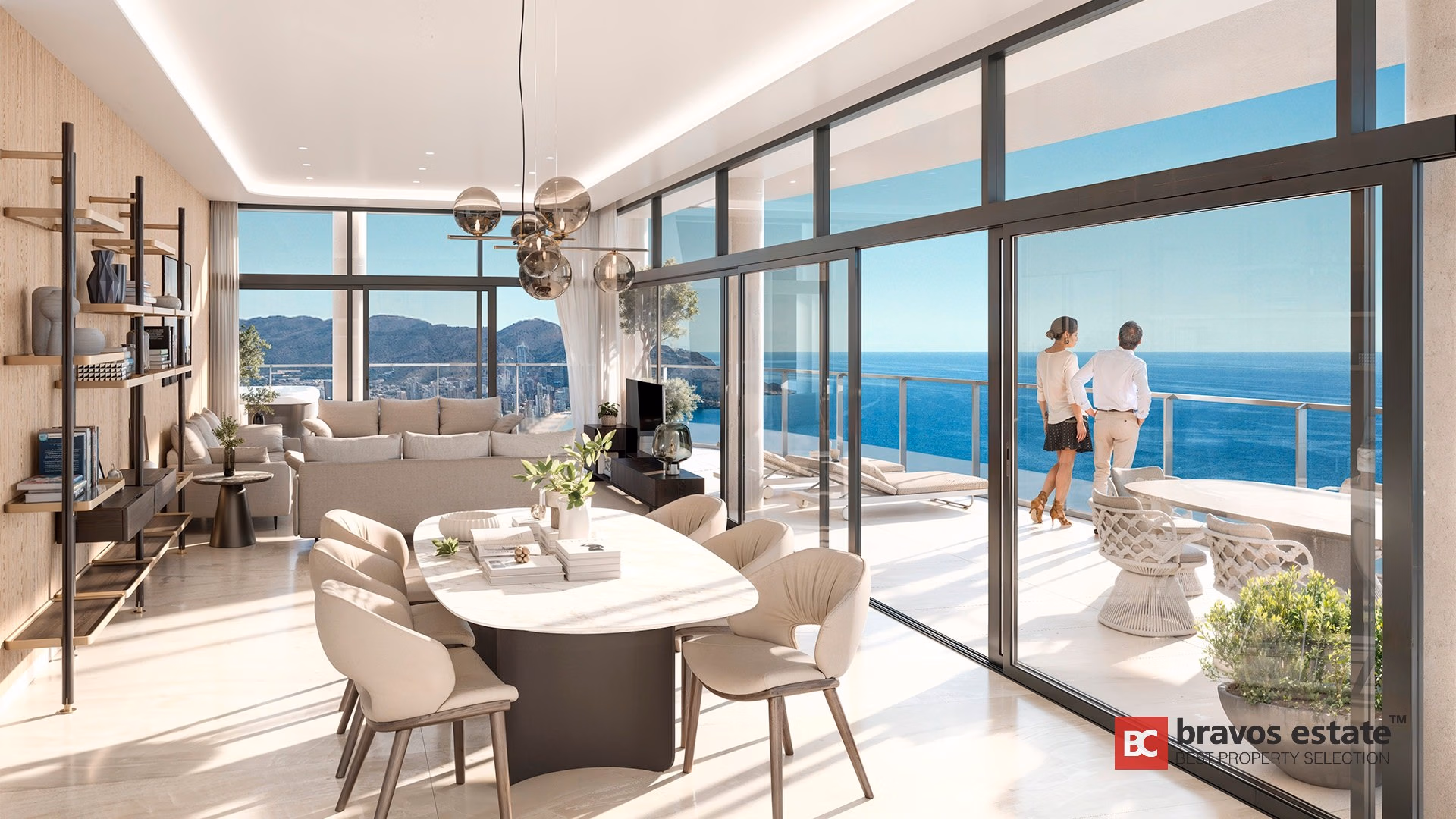 Render del salón-comedor de TM Tower con mesa oval de mármol, lámparas esféricas colgantes y carpintería de suelo a techo con salida a terraza frente al mar en Playa de Poniente, Benidorm