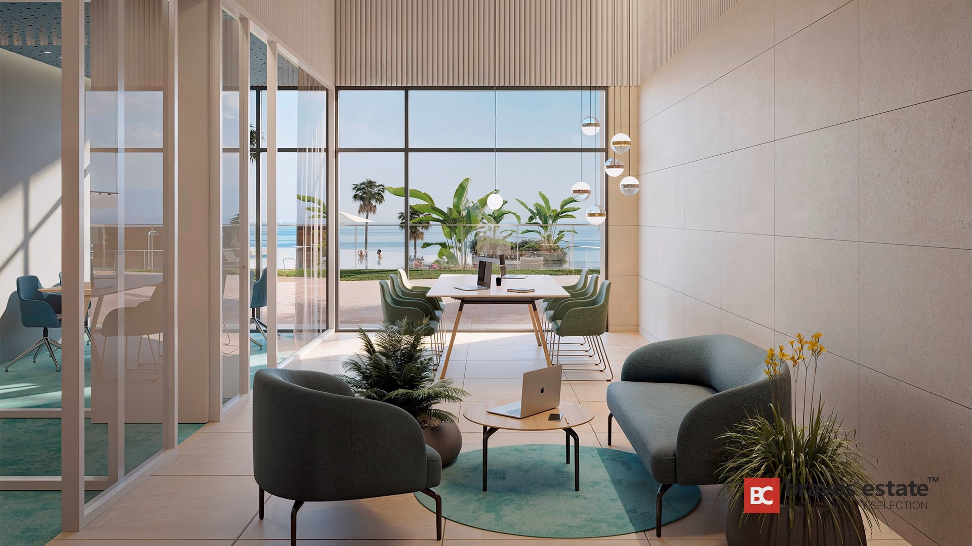 Render del área social de TM Tower en Playa de Poniente con sillones verdes, mampara de vidrio, luces colgantes esféricas y vistas frontales al mar