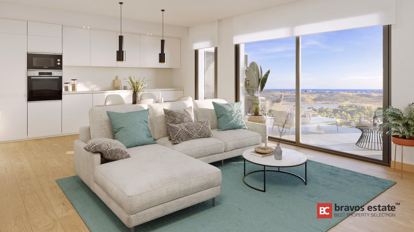 CGI render of a Bonalba Green open-plan living room and kitchen with floor-to-ceiling windows overlooking a sea and golf-resort landscape.