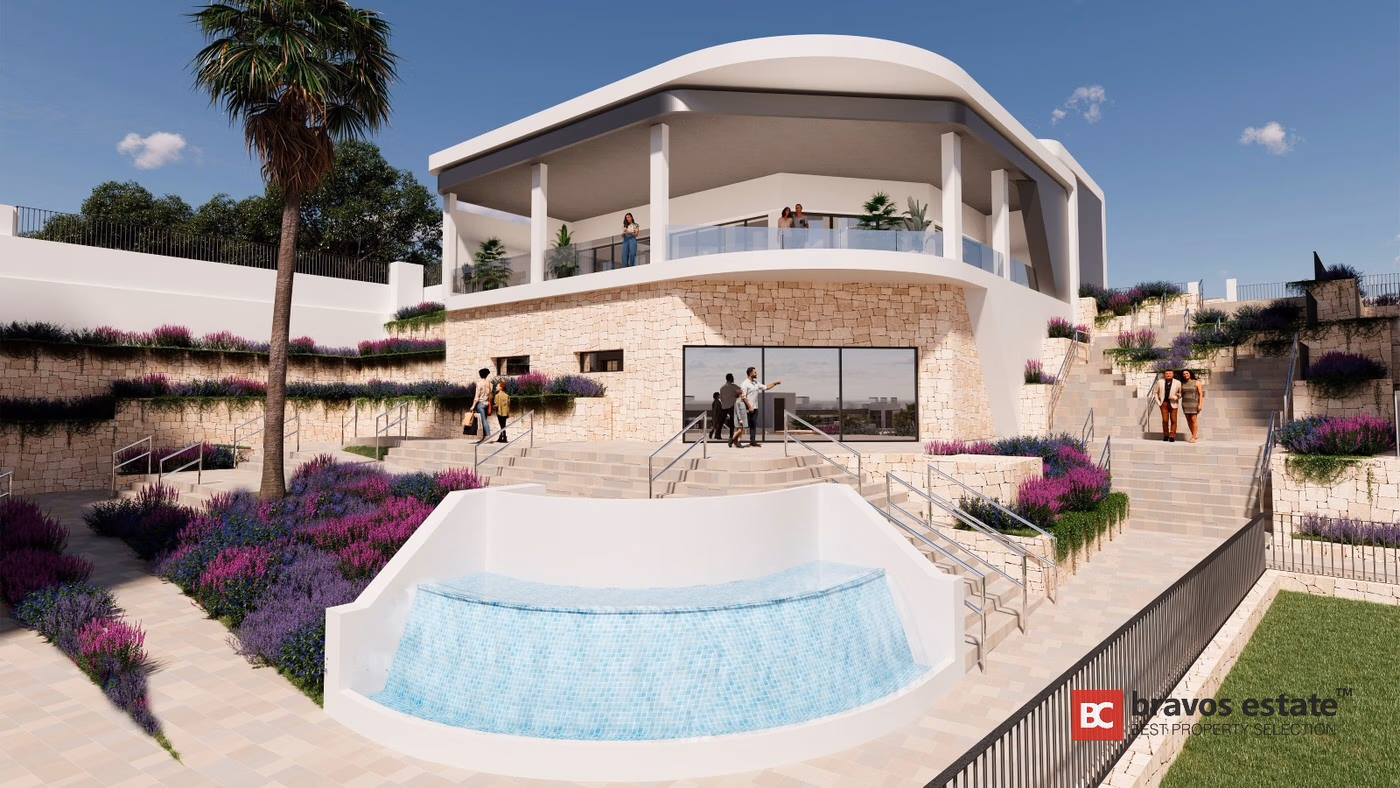 CGI render of Bonalba Green's curved white clubhouse building with stone cladding, a semicircular pool, terraced lavender gardens, and a wraparound upper balcony at Bonalba Golf Resort.