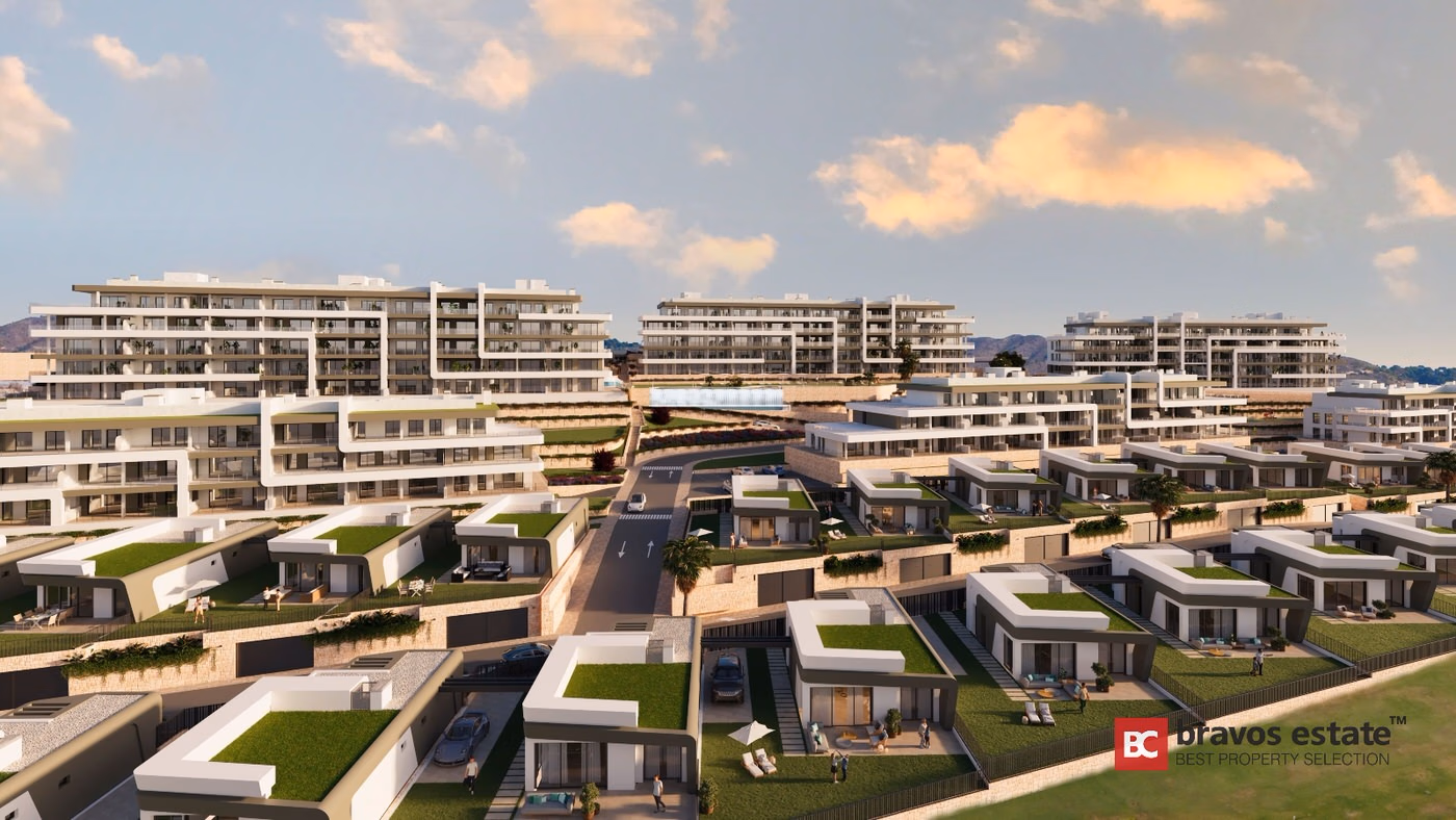 CGI render of Bonalba Green showing multi-storey apartment blocks and low-rise villas with green roof terraces, a central access road, and mountain backdrop at Bonalba Golf Resort.
