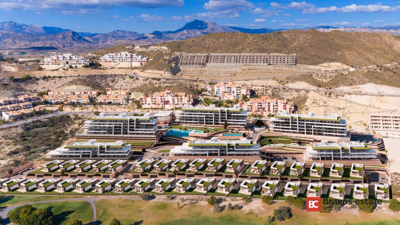 CGI render of Bonalba Green apartment complex showing multi-block layout with rooftop gardens, communal pools, and surrounding Bonalba Golf Resort fairways against the Alicante mountain backdrop.