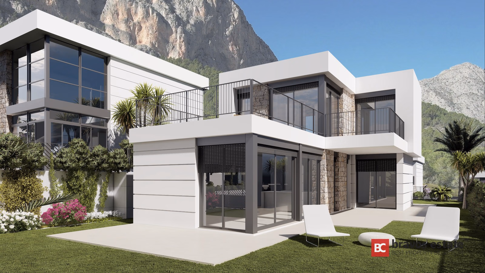 Two-storey villa with balcony and lawn