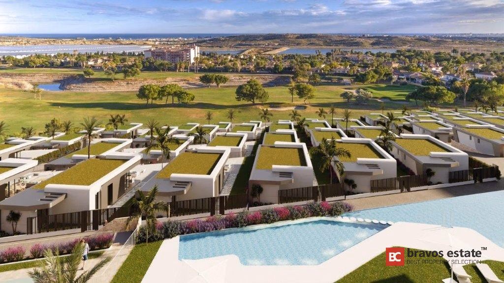 CGI render of Bonalba Green apartments showing white flat-roof homes with green rooftops, a communal pool, palm trees, Bonalba Golf Resort fairways, and a coastal lagoon in the background.