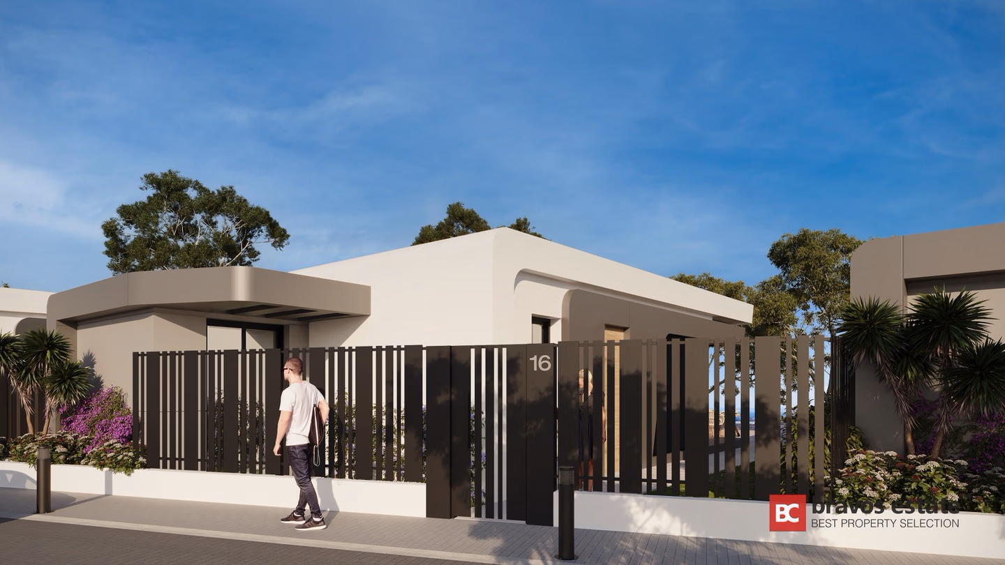 CGI render of Bonalba Green single-storey villa exterior showing a dark slatted gate numbered 16, white render walls, palm trees and flowering shrubs under a blue sky.