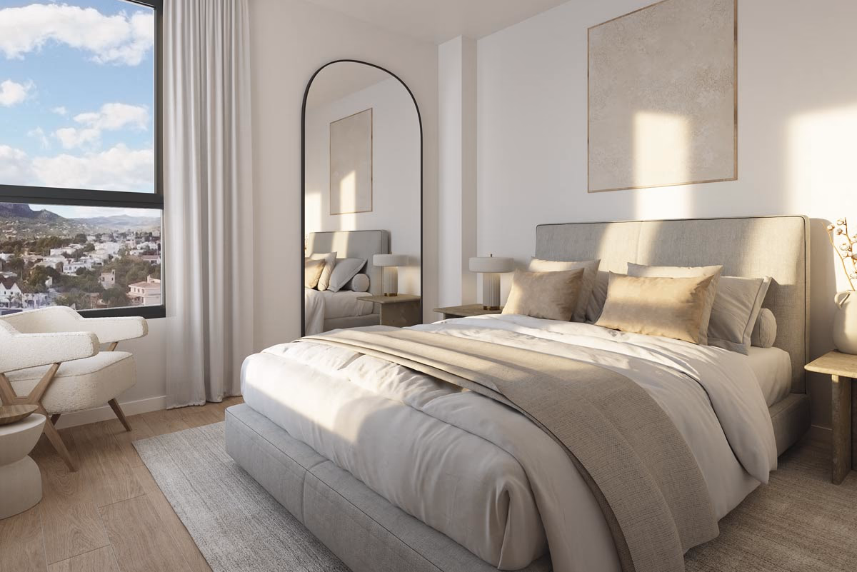 Dormitorio doble luminoso con ventanal al mar en Lagune Homes