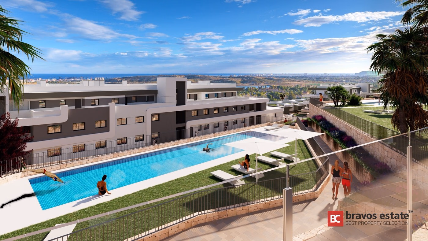 CGI render of Bonalba Green apartment blocks with a communal swimming pool, landscaped gardens, palm trees, and panoramic sea and coastal views in Bonalba Golf Resort.