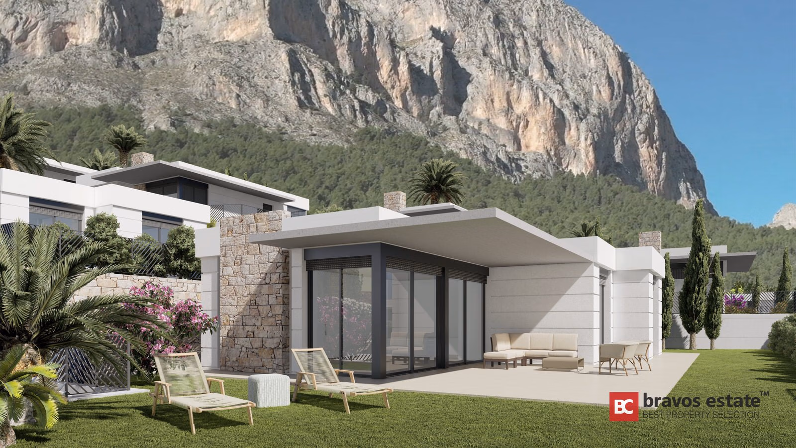 Villa terrace with loungers facing the Ponoig massif