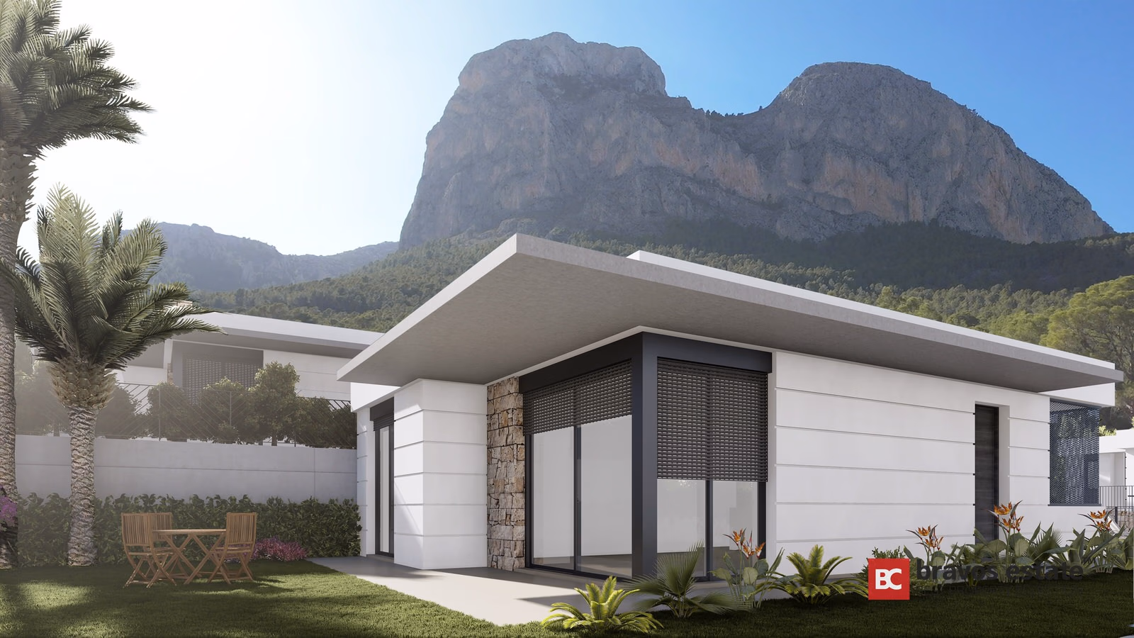 Single-level villa with terrace and garden below the mountain