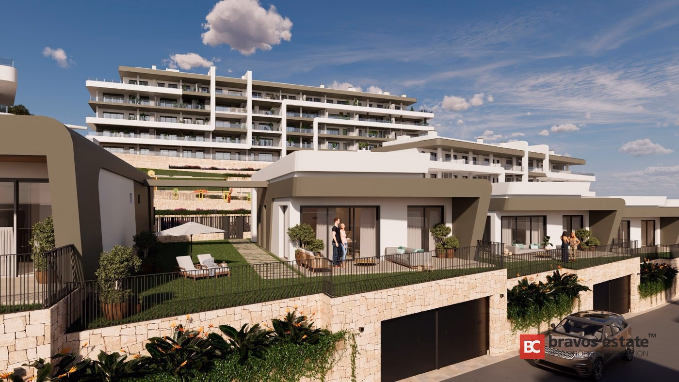 CGI render of Bonalba Green showing low-rise townhouse-style units with private terraces and gardens in the foreground, and a multi-storey apartment block behind.