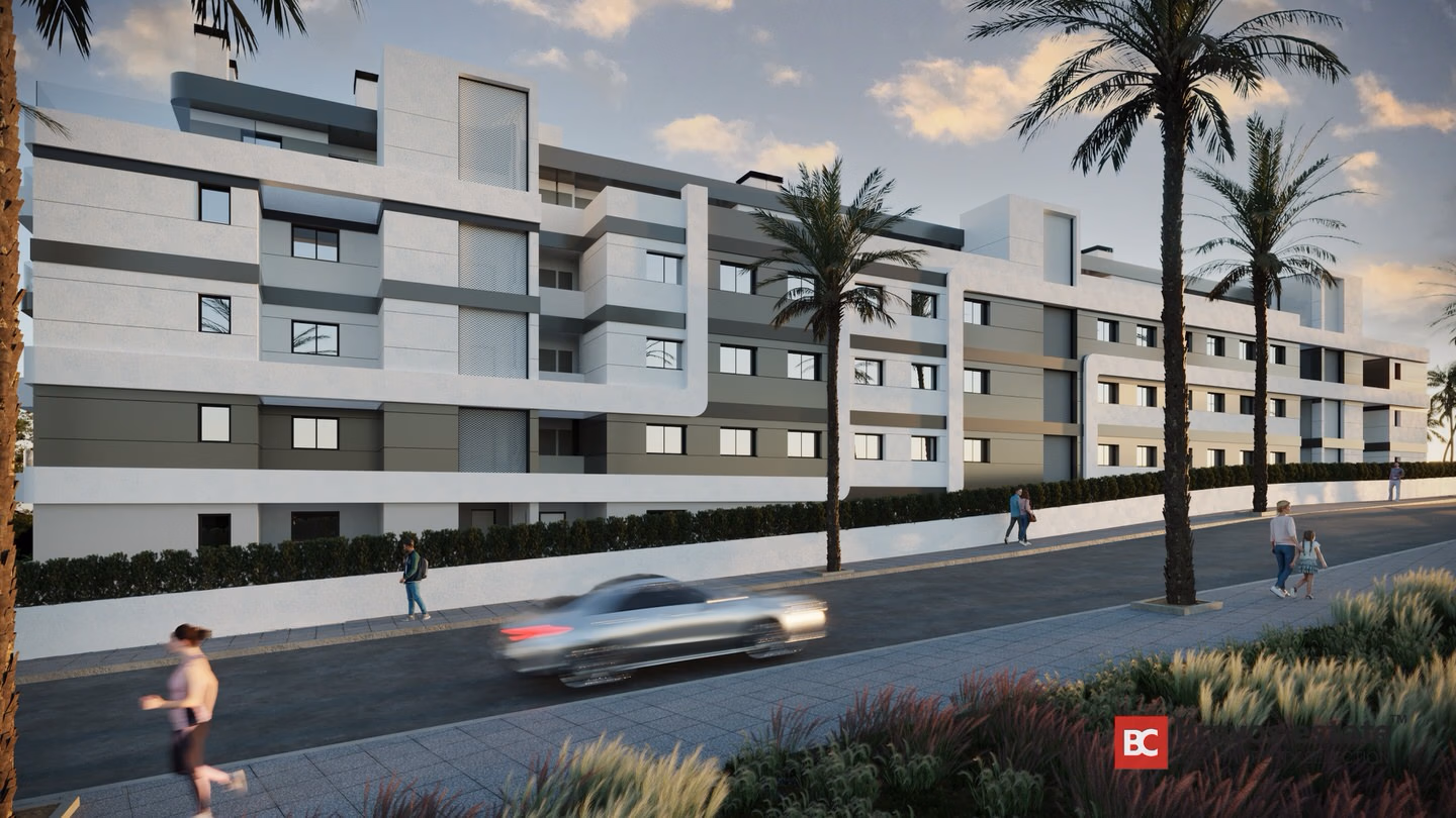CGI render of Bonalba Green's modern multi-storey apartment façade at Bonalba Golf Resort, flanked by tall palm trees along a quiet street at dusk.