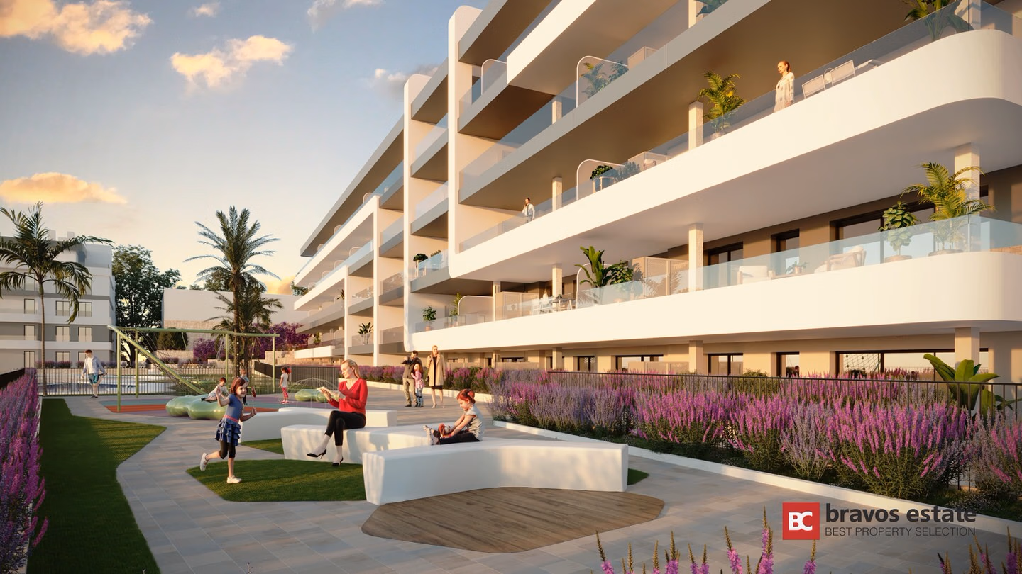 CGI render of Bonalba Green apartments showing white multi-storey façade with glass-railed balconies, landscaped communal garden with lavender beds, seating area, and children's playground at dusk.