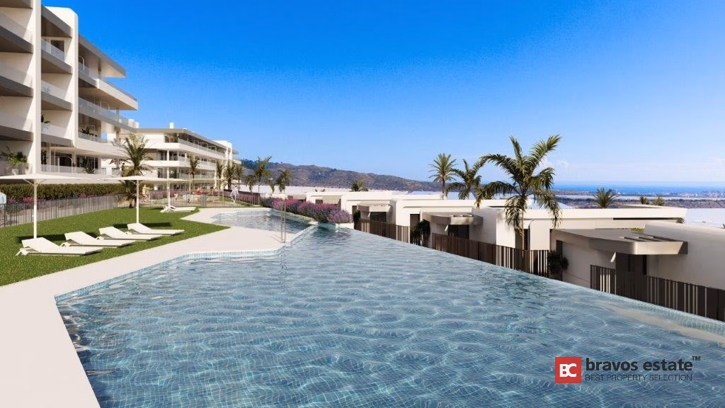 CGI render of Bonalba Green's communal infinity pool with sun loungers, white apartment blocks, palm trees, mountain backdrop and distant sea views at Bonalba Golf Resort.