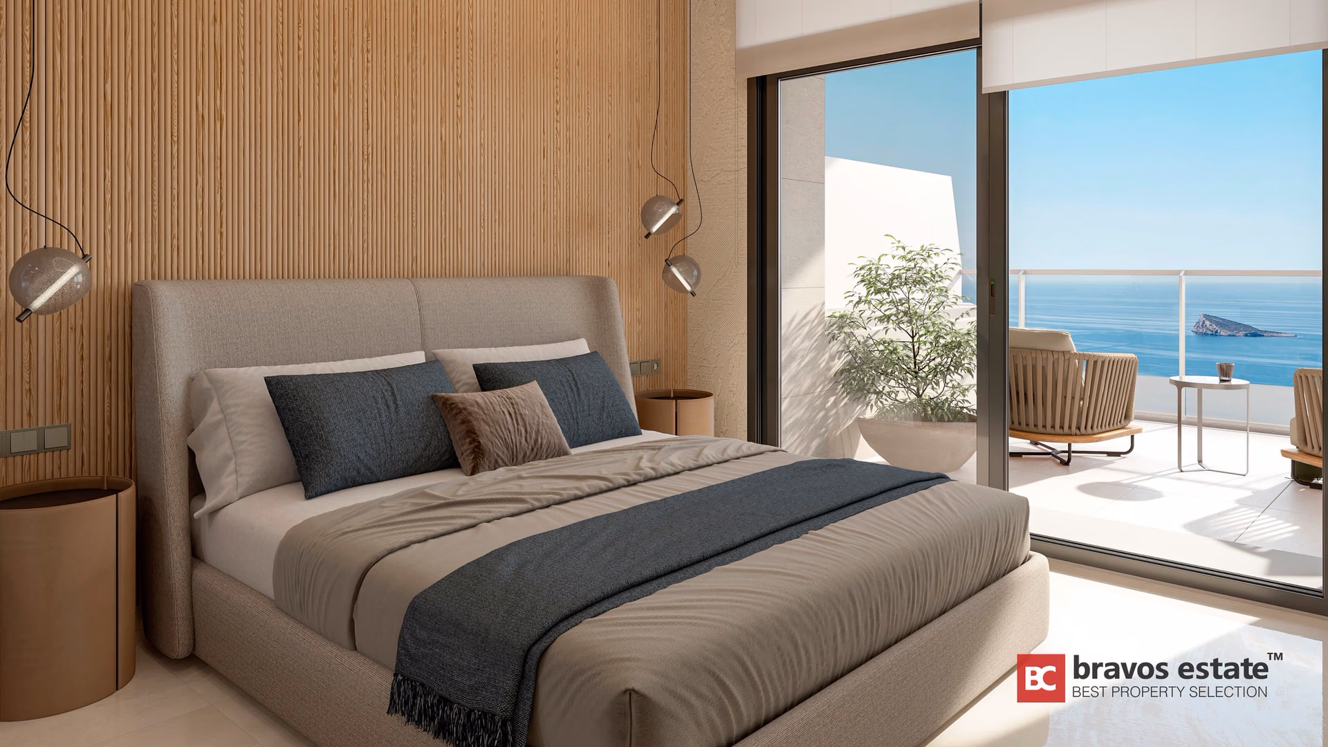 Render del dormitorio de TM Tower con pared de listones de madera, lámparas colgantes esféricas y terraza con vistas al mar en Playa de Poniente