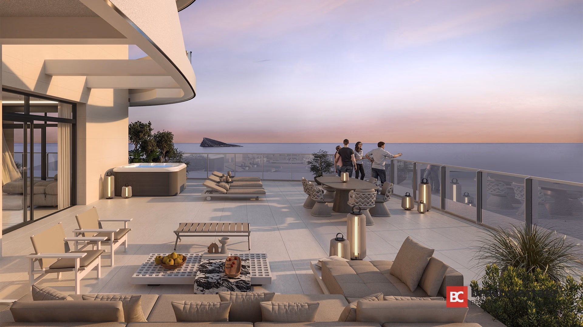 Render del ático de TM Tower en Playa de Poniente con jacuzzi, tumbonas, barandilla de cristal y vistas al mar al atardecer
